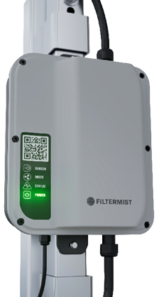Filtermist F-Save unit mounted on a vertical pillar with power indicator light glowing green.