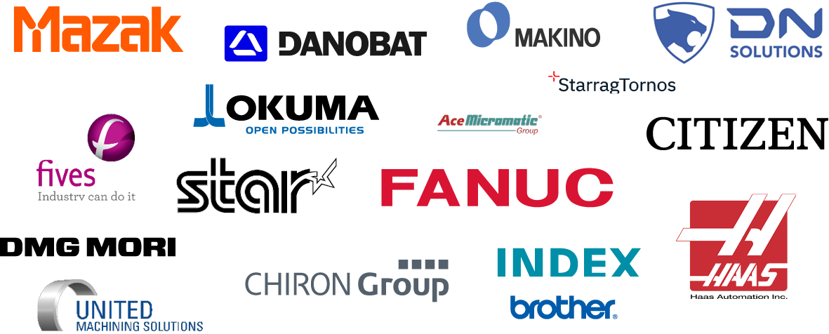 Logos of global CNC machine manufacturers including Mazak, Danobat, Makino, DN Solutions, Okuma, AceMicromatic, Citizen, Fives, Star, Fanuc, DMG Mori, Chiron Group, Index, Haas Automation, United Machining Solutions, Brother, and StarragTornos, arranged together