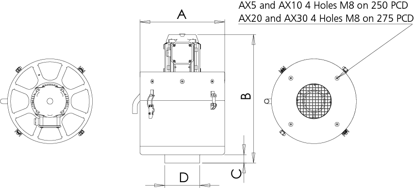 AX Series GA Drawing - AX5 and AX10 4 Holes M8 on 250 PCD - AX20 and AX30 4 Holes M8 on 275 PCD
